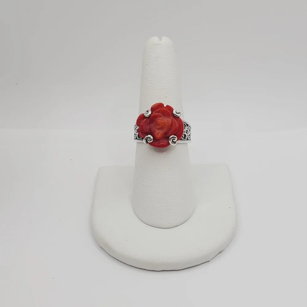 925 Sterling Silver Coral Ring Rose Ring Flower Ring Red Ring